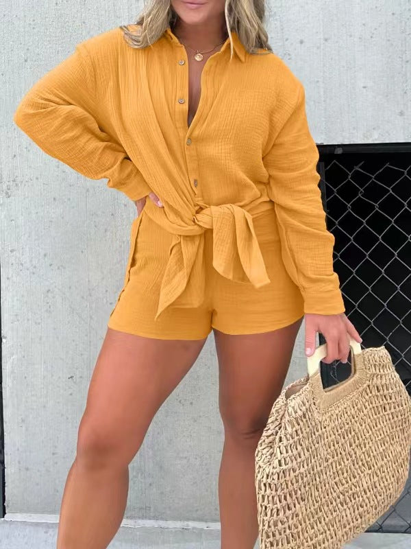 Wrinkle long sleeved shirt two-piece set